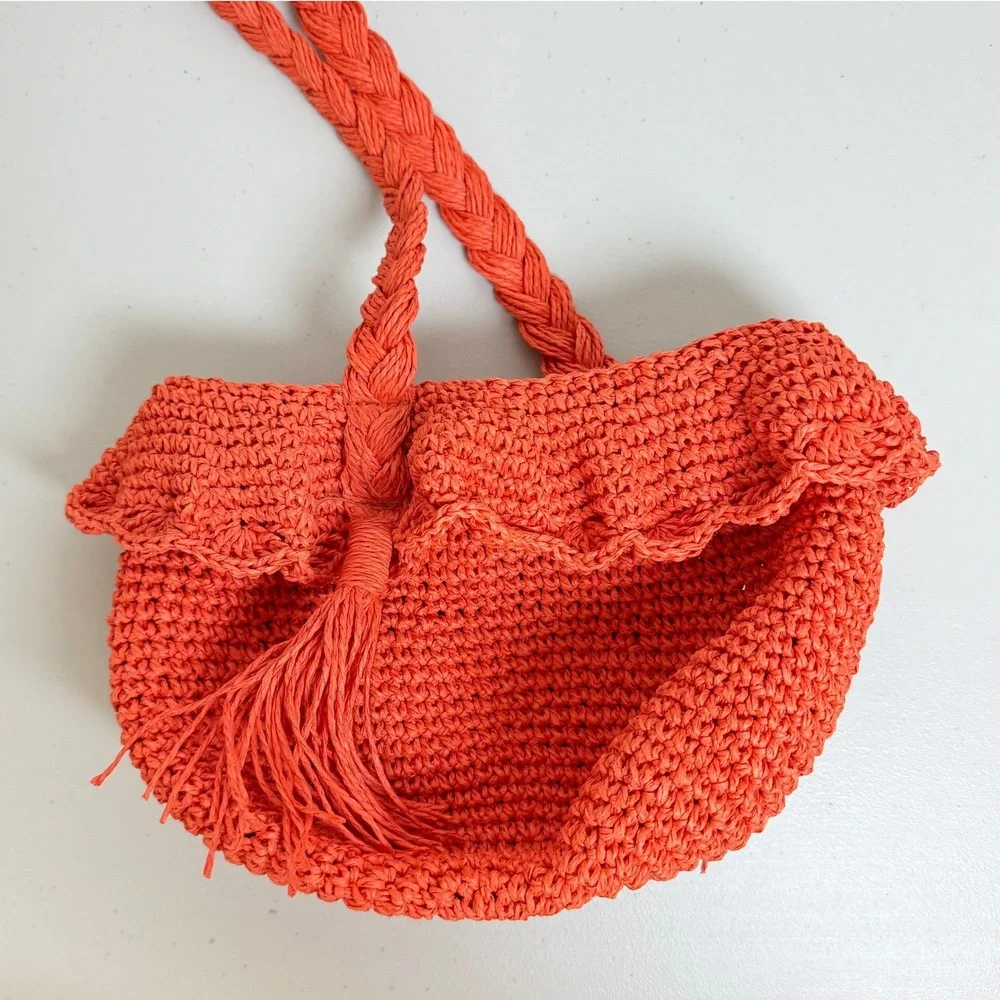 Rhode Target Orange Woven Raffia Crochet Shoulder Bag Ruffle Tassel Summer Beach